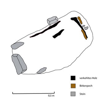 Abbildung 7: Der Grundriss des Grabes 4. Schwarz dargestellt sind die Reste der verkohlten Bretter. Braun sind die Birkenpechstreifen an der Ostseite der Holzkiste erkennbar. © Landesamt für Denkmalpflege und Archäologie Sachsen-Anhalt, Torsten Schunke.