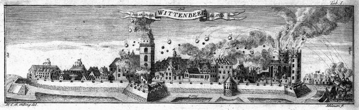 Abbildung 2: Ansicht Wittenbergs während der Beschießung durch die Reichsarmee 1760. © LISA Halle (http://www.landesbildarchiv.bildung-lsa.de/w/wittenberg/wb-06-1760-7jaehriger-krieg.htm [31.08.2011]).