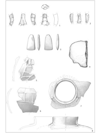 Abbildung 7: Abbildung 7 zeigt neben der anthropomorphen Plastik (1, 2) ein Felsgesteinbeil (3), einen Mahlstein (4) sowie eine plastisch verzierte Flasche (5 bis 8), die aus der linienbandkeramischen Siedlungsgrube geborgen wurden. Maßstab 1 zu 2 / 5 bis 8: Maßstab 1 zu 3. © Landesamt für Denkmalpflege und Archäologie Sachsen-Anhalt, Umzeichnungen: K. Walter / S. Scheffler; Tafel: Madeline Fröhlich.